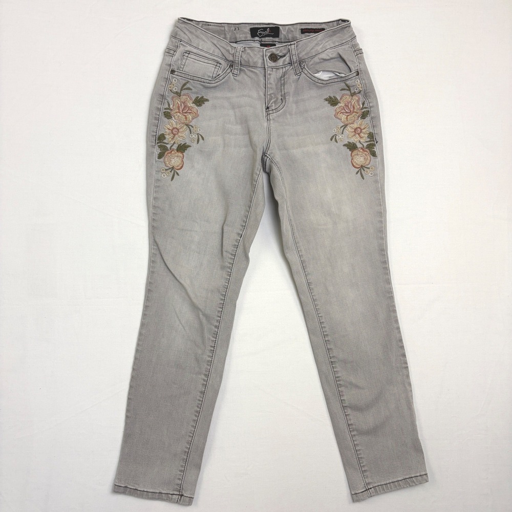 Earl Jean Womens‎ 4P Gray Skinny Ankle Jeans Floral Embroidered Cottagecore